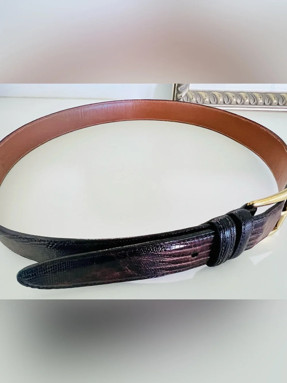 Allen Edmonds Exotic Teju Lizard Men’s Belt, Size 36, Brown, Gold Brass Buckle